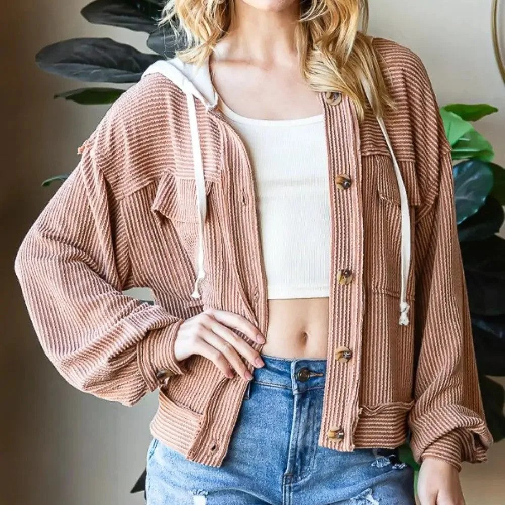 Chaqueta Rayada con Capucha y Botones