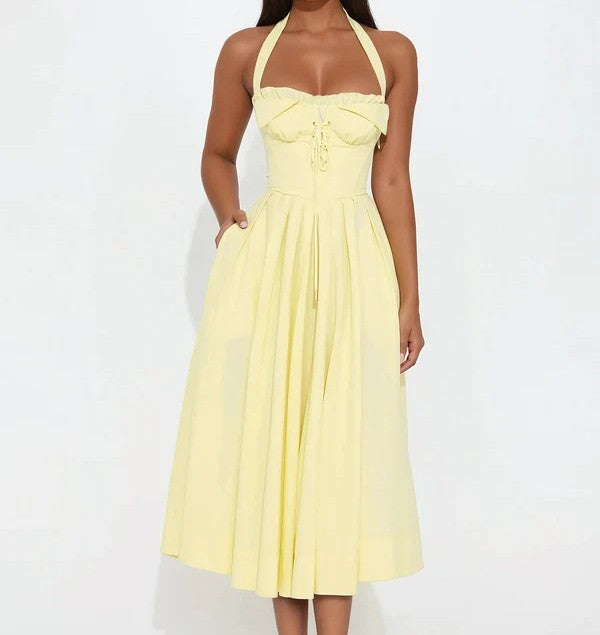 Vestido Midi Halter Corsé Floral