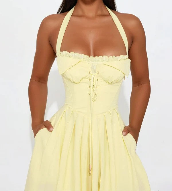 Vestido Midi Halter Corsé Floral